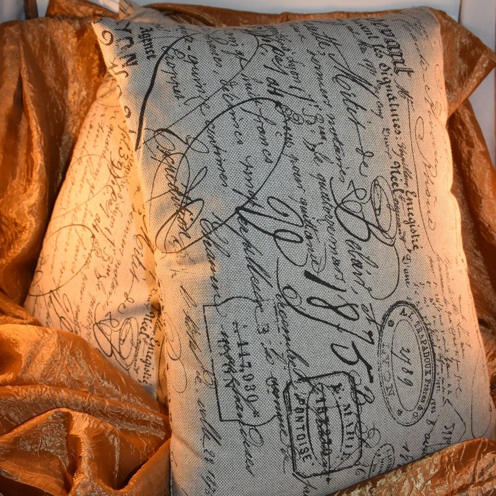 Set of Two Tan Rectangular Throw Pillows With Black Parisian Print